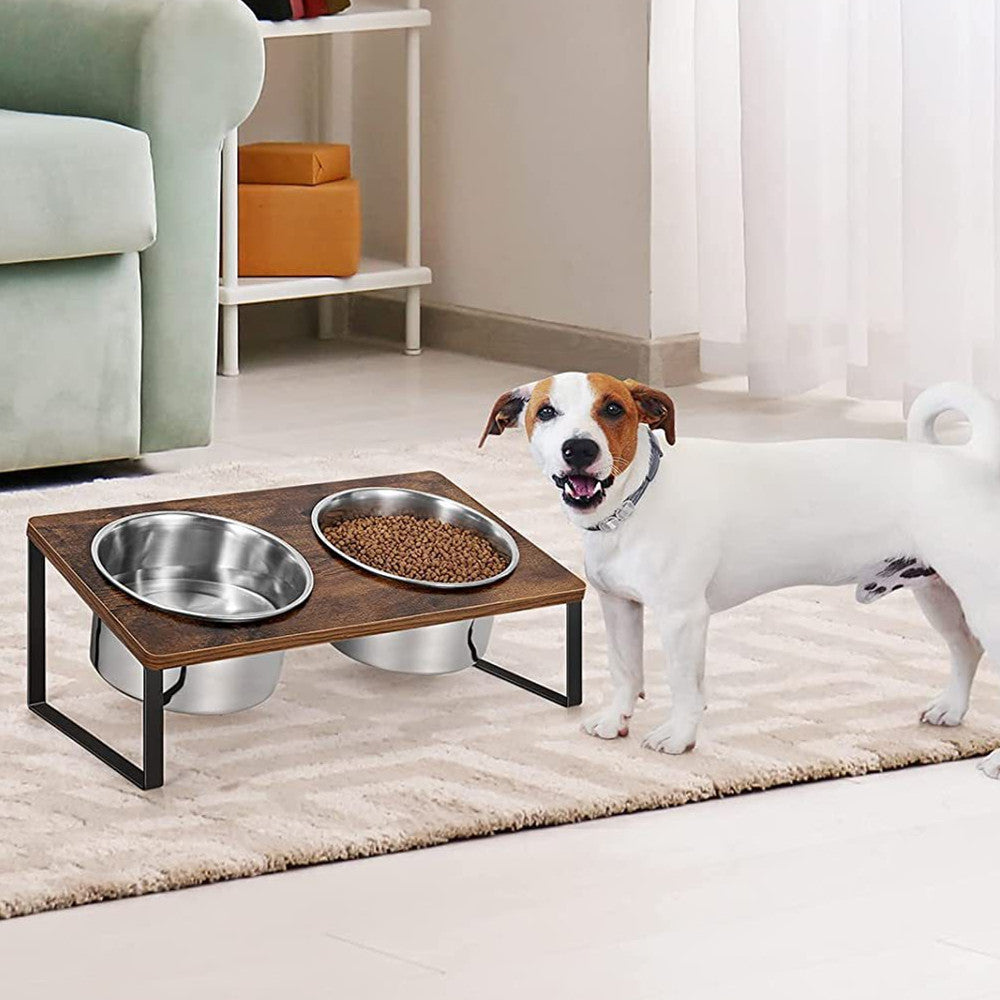 Log Pet Feeding Rack Iron Wood Combined Pet Bowl Rack