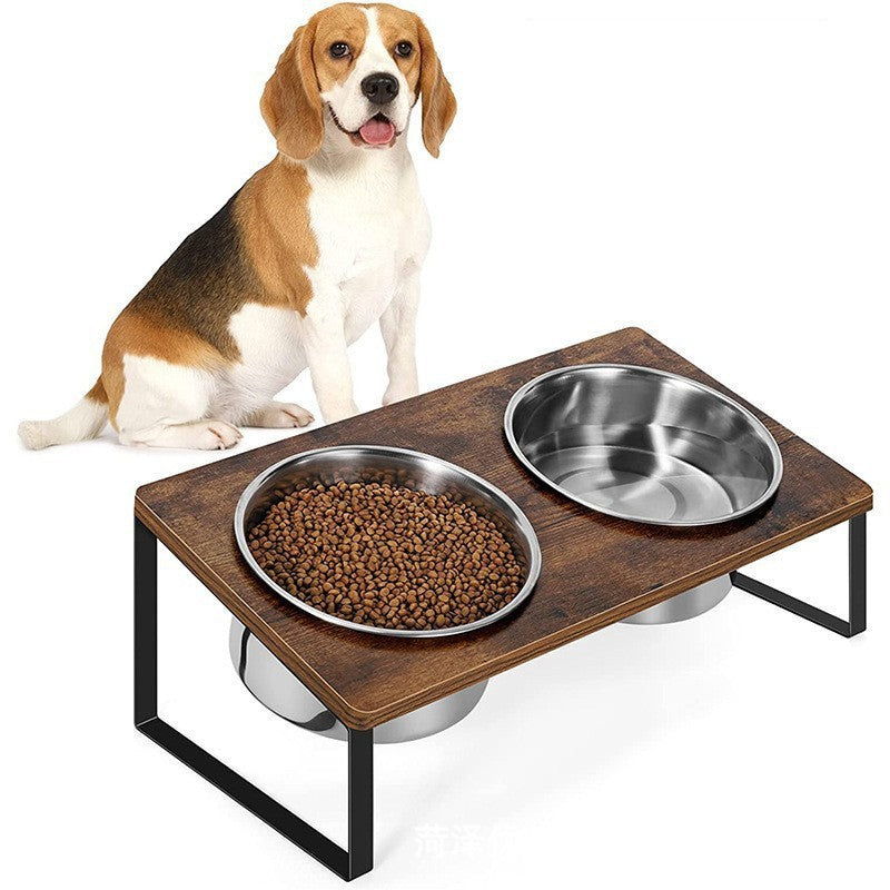 Log Pet Feeding Rack Iron Wood Combined Pet Bowl Rack