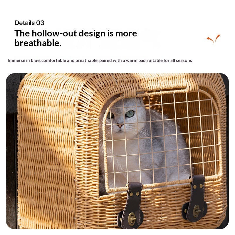 Pet Carrier Woven Rattan Ventilated Portable Travel Bag