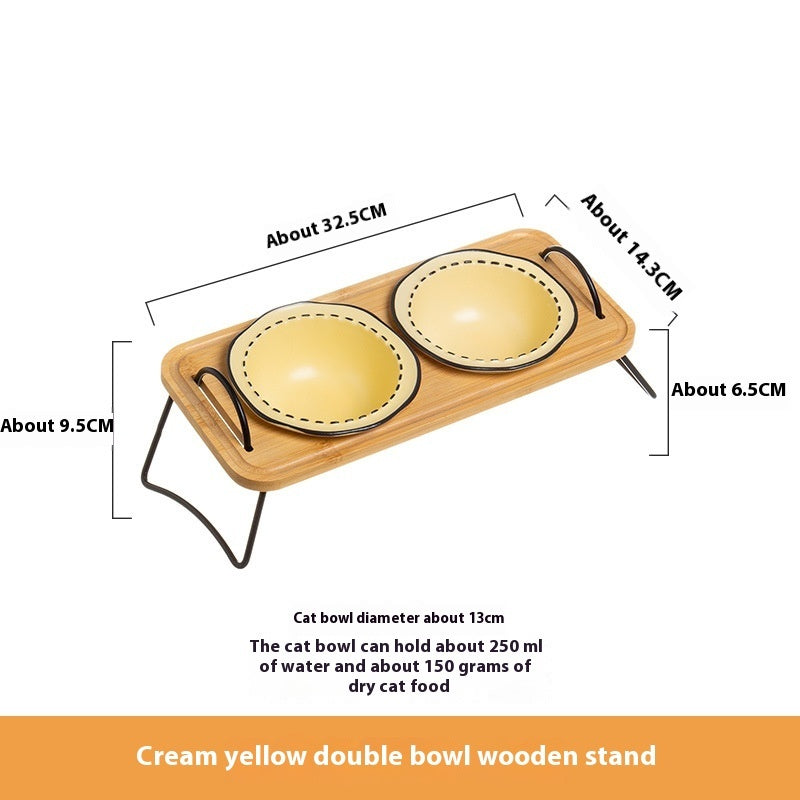 Multi-Functional Wooden Pet Rack with Ceramic Bowl