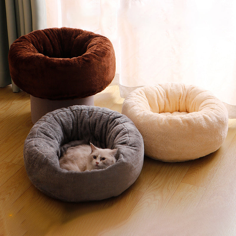 Winter Warm Pet Round Plush Donut Cushion Bed