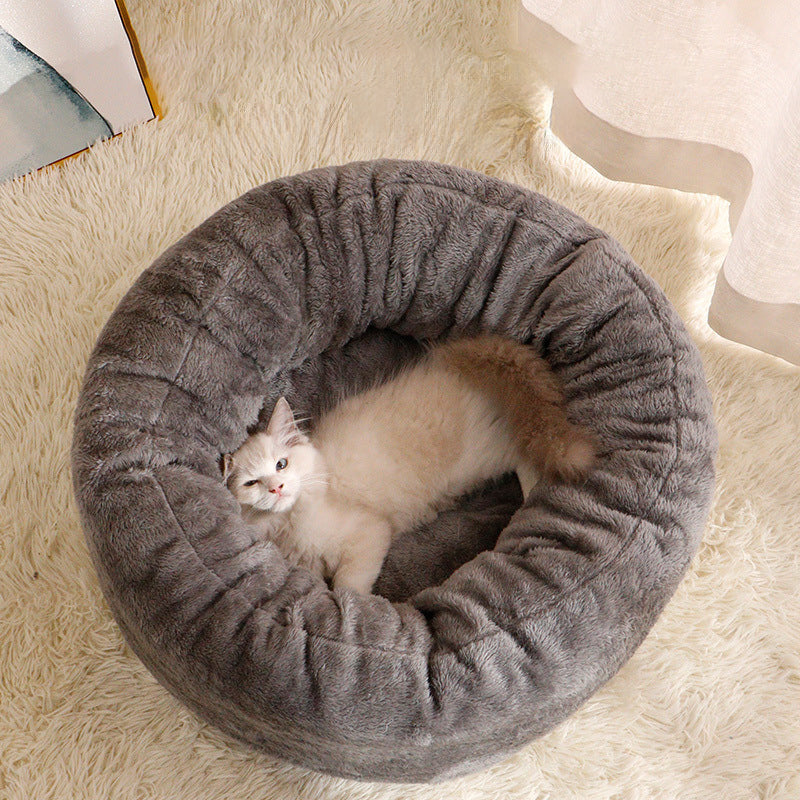 Winter Warm Pet Round Plush Donut Cushion Bed