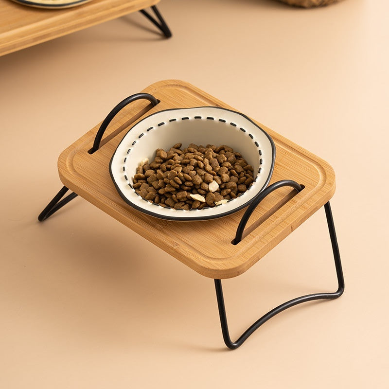Multi-Functional Wooden Pet Rack with Ceramic Bowl