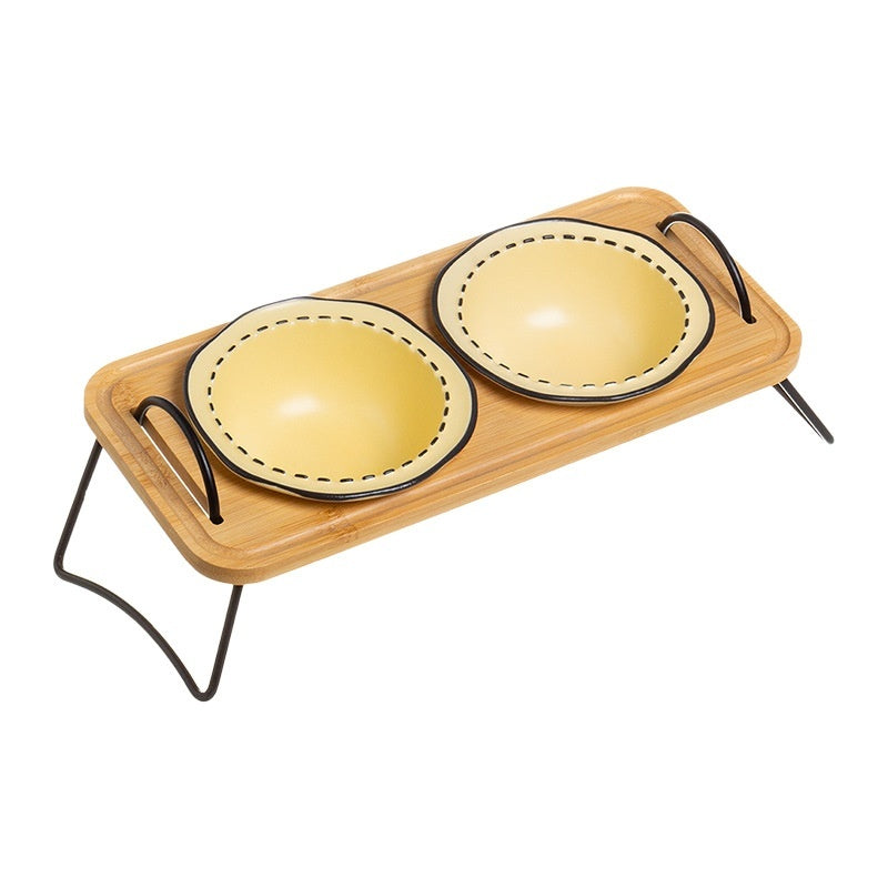 Multi-Functional Wooden Pet Rack with Ceramic Bowl