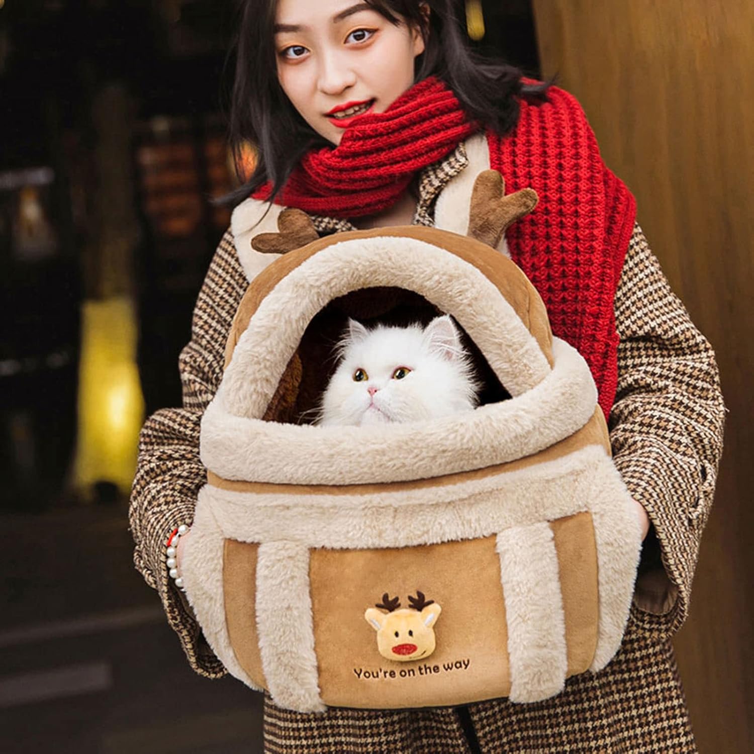 Plush Winter Pet Travel Backpack Carrier with Hand Warmers