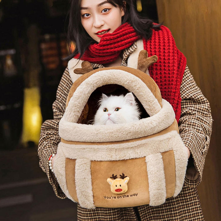 Plush Winter Pet Travel Backpack Carrier with Hand Warmers