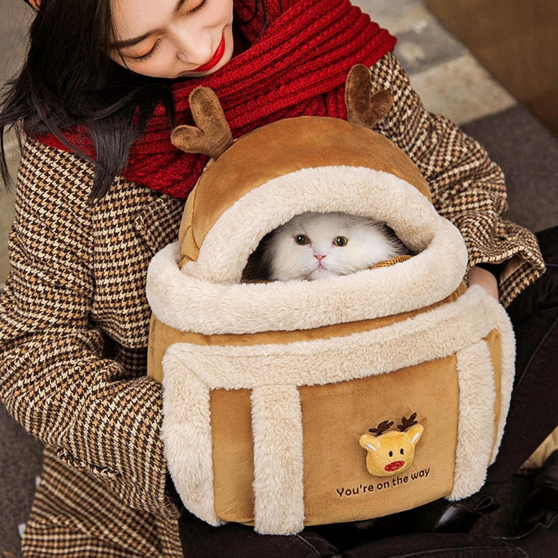 Plush Winter Pet Travel Backpack Carrier with Hand Warmers